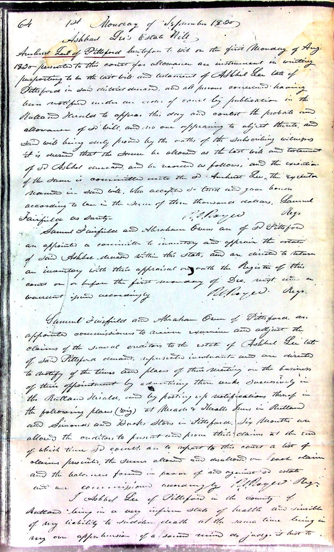 LEE, Ashbel (b. 1764 d. 1830 West Rutland) 4d will